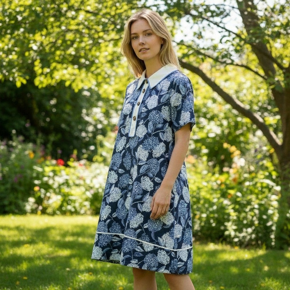 Entro Women Small Navy Hydrangea Floral Cotton Shift Dress Cottagecore Lagenlook